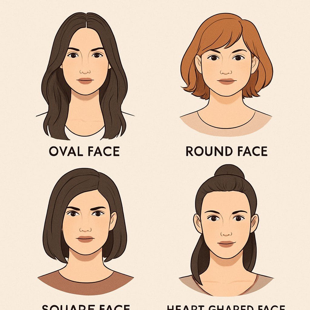 illustration showing best hairstyles for oval, round, square, and heart face shapes