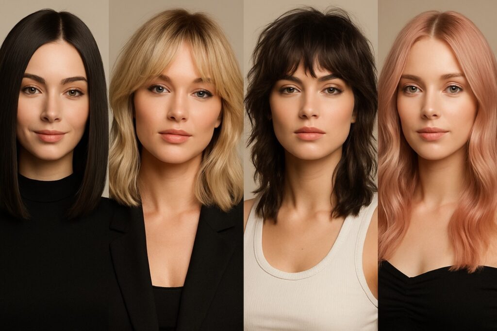 2025 trending hairstyles collage including bob, curtain bangs, wolf cut, and pastel waves