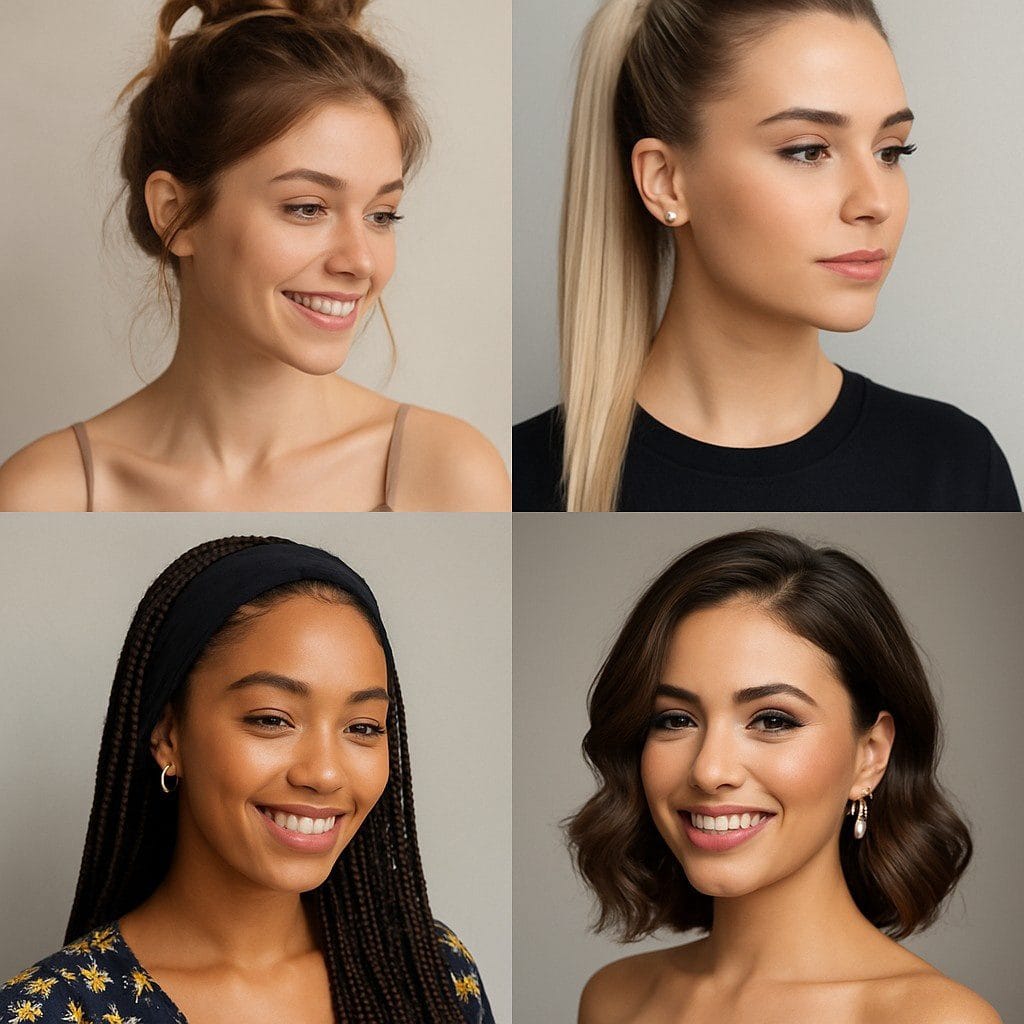everyday and special occasion hairstyles collage with bun, ponytail, braids, and curls