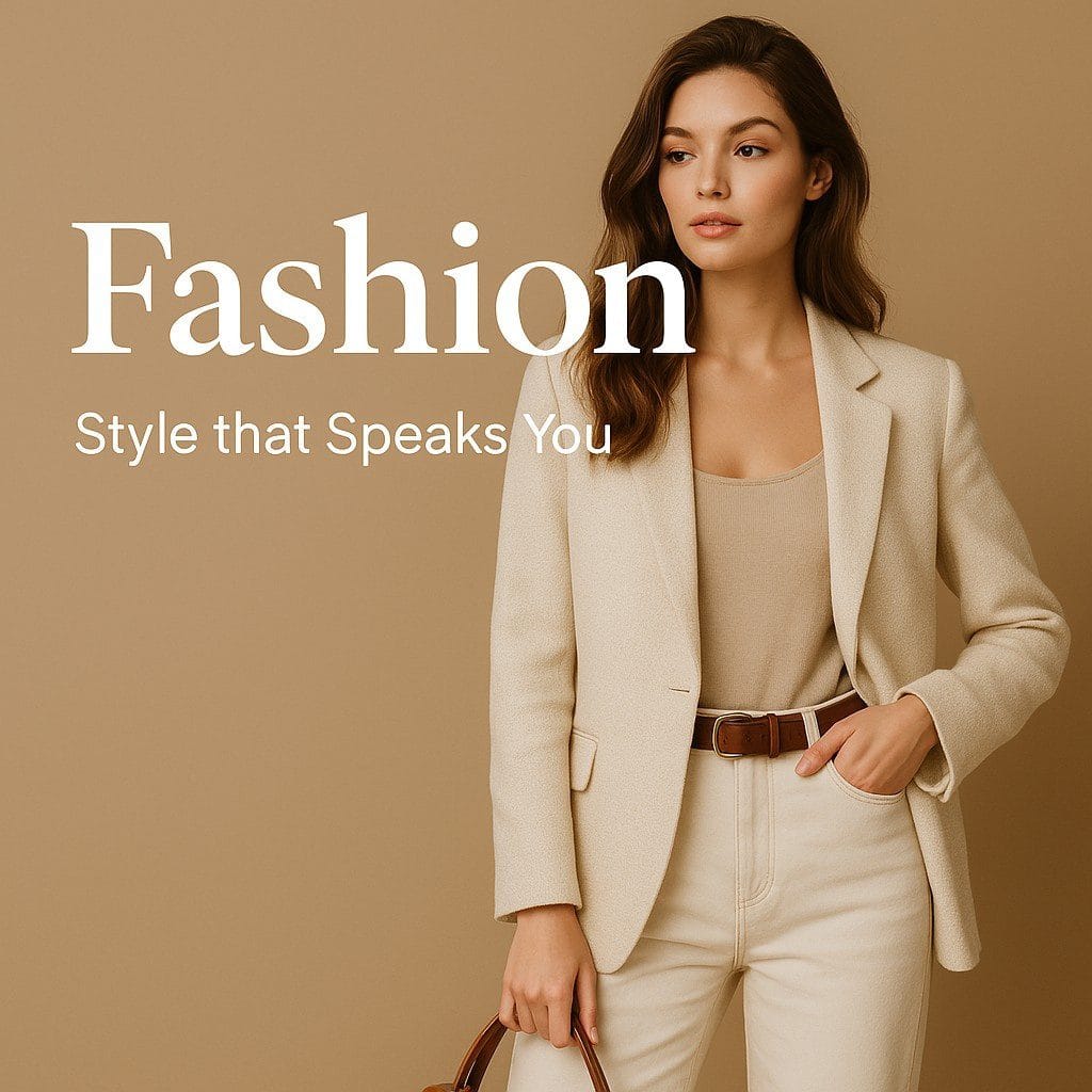 A stylish woman in a cream blazer and beige outfit holding a brown handbag, standing beside the word "Fashion" on a soft beige background.