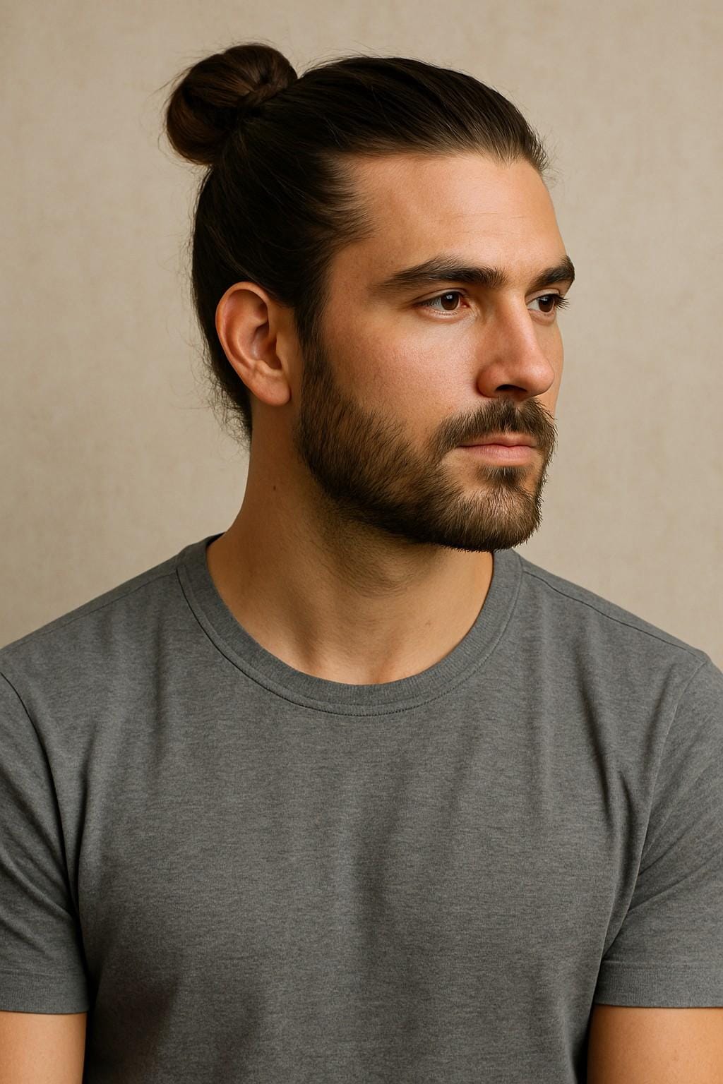 Man wearing a modern man bun, a trending long hairstyle for men