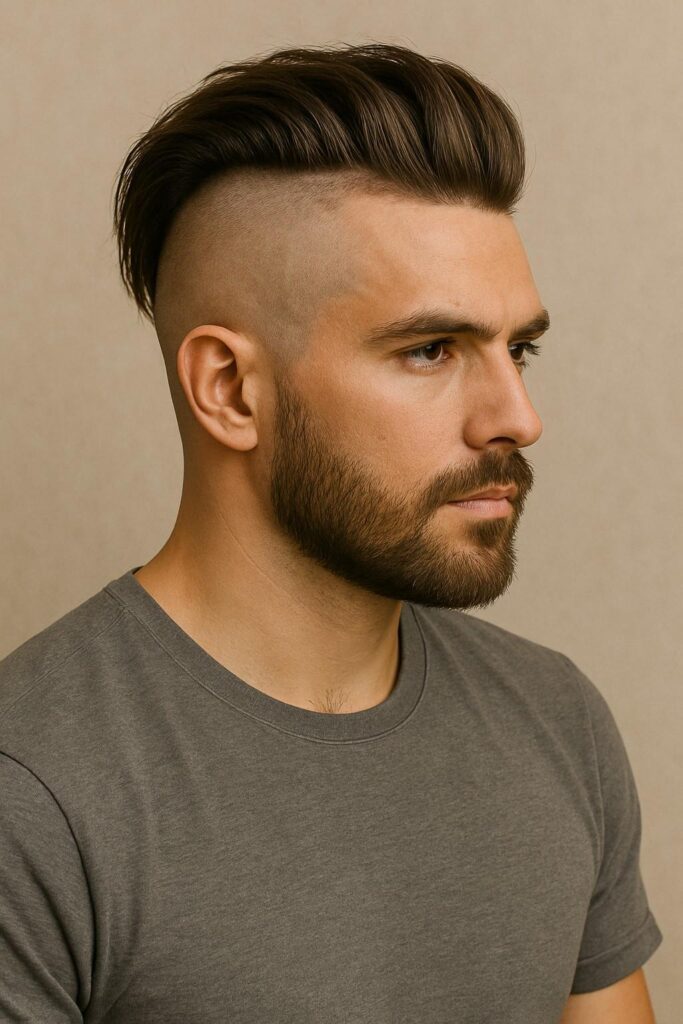 Edgy long undercut hairstyle for men with shaved sides and voluminous top