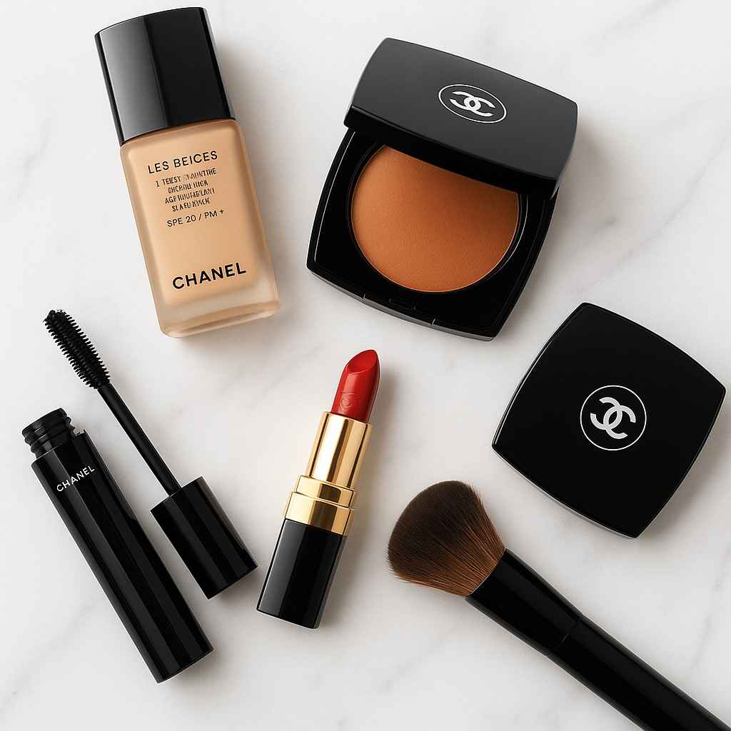 Chanel Makeup flatlay featuring foundation, lipstick, and bronzer