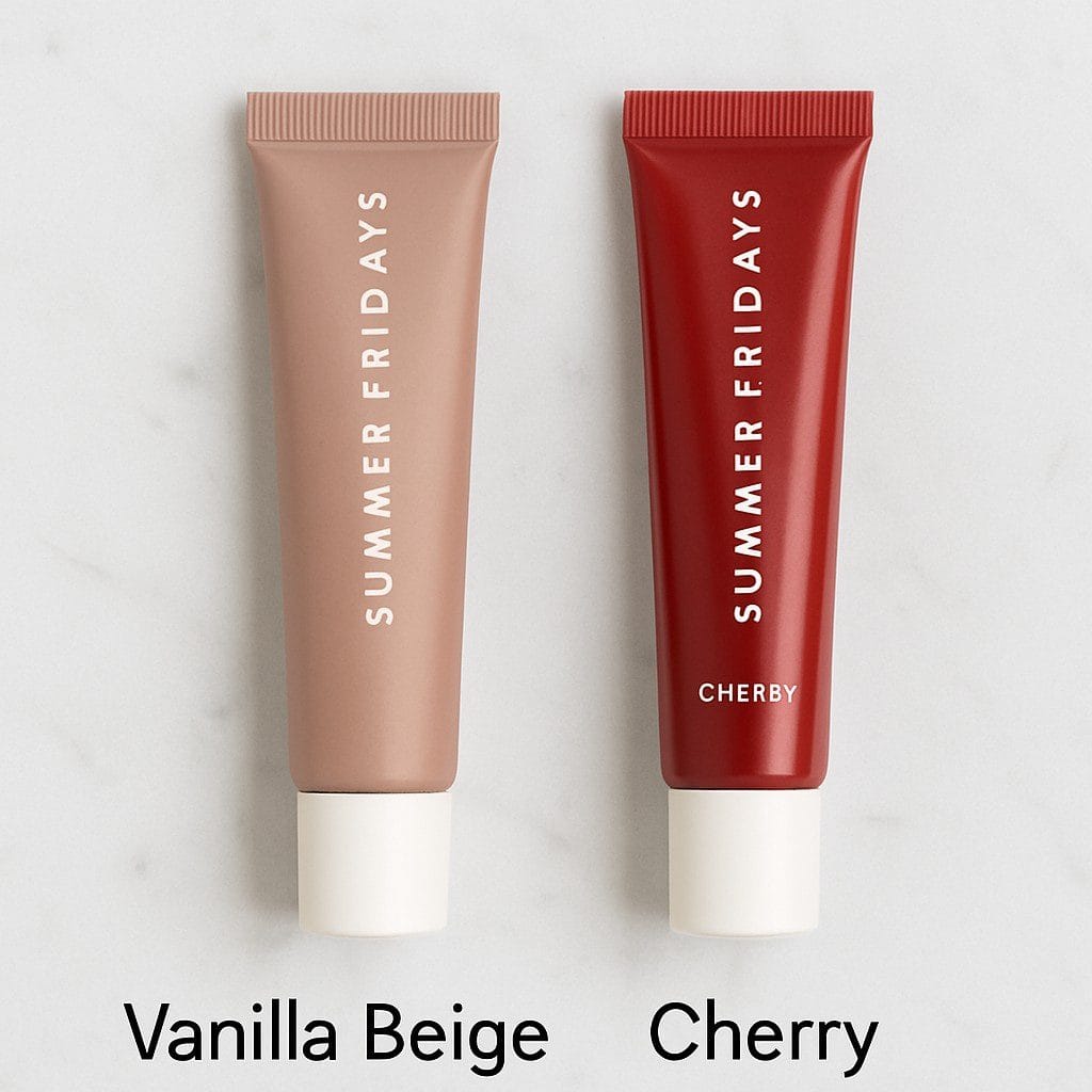 Summer Fridays Lip Gloss Vanilla Beige and Cherry swatches