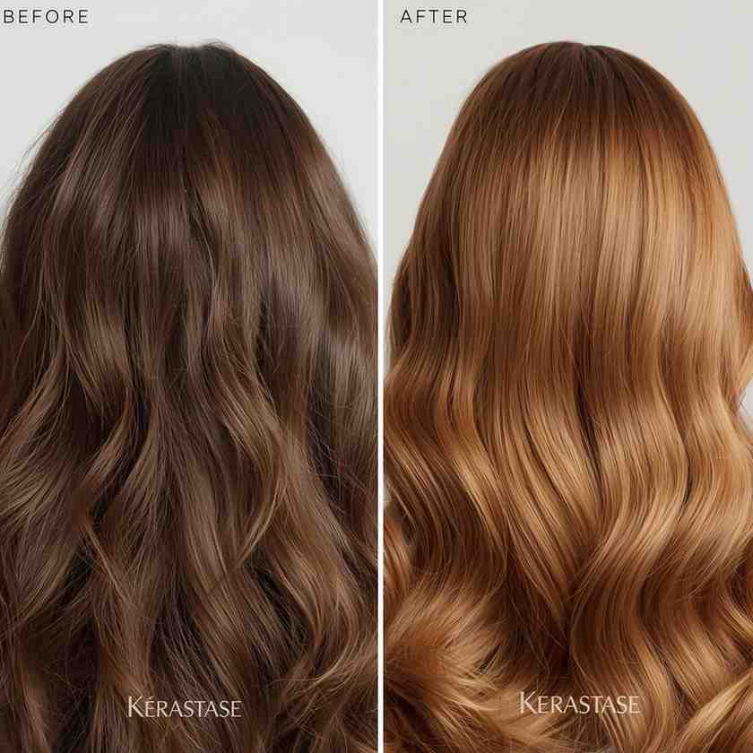Before and after comparison of dull, brittle hair versus shiny, healthy hair after Kerastase treatment"