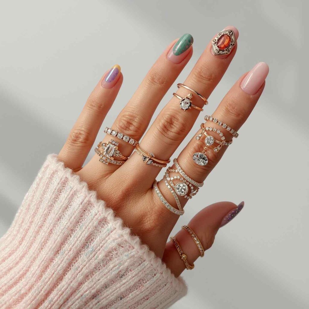 Aura nails styled with jewelry and accessories