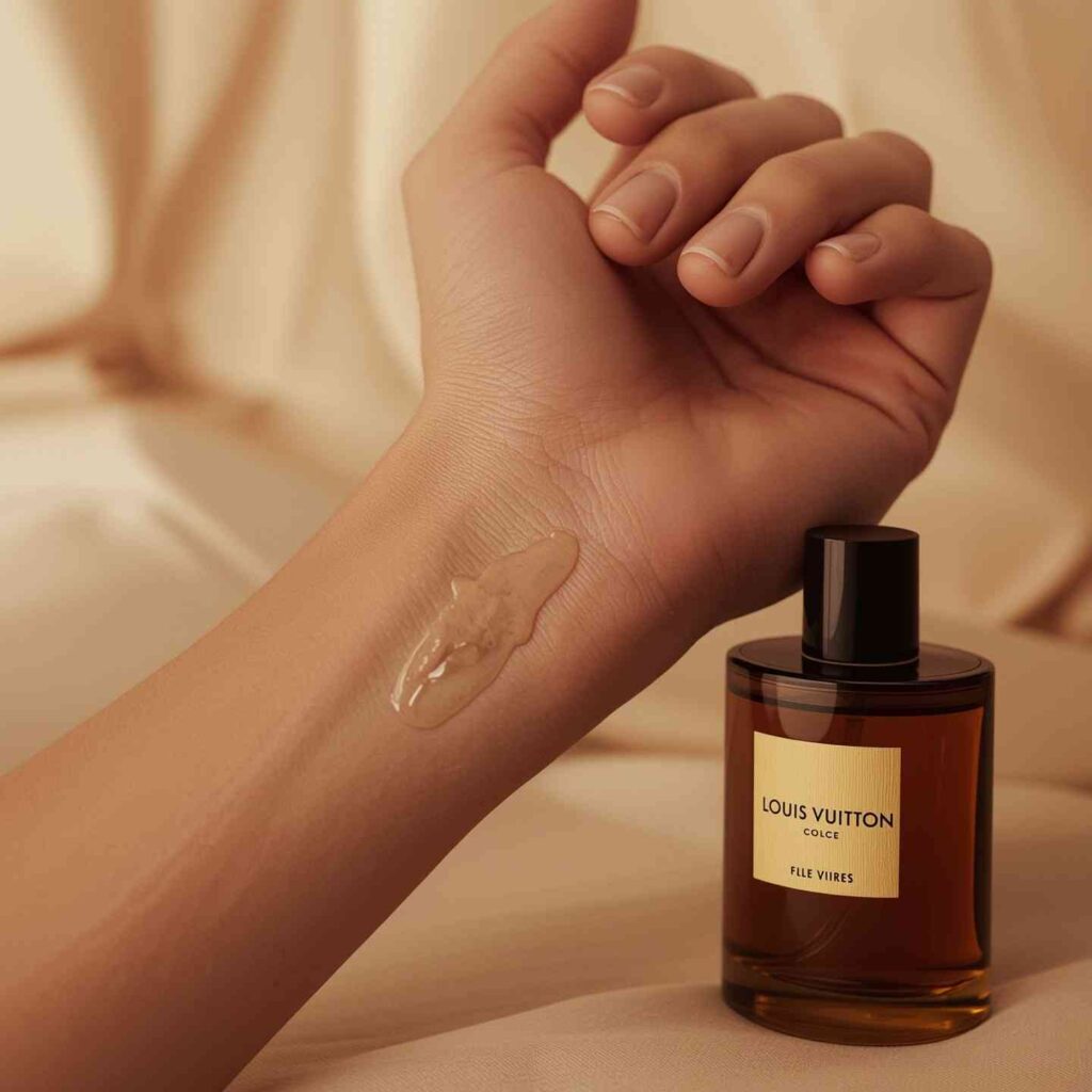 Applying Louis Vuitton cologne on pulse points