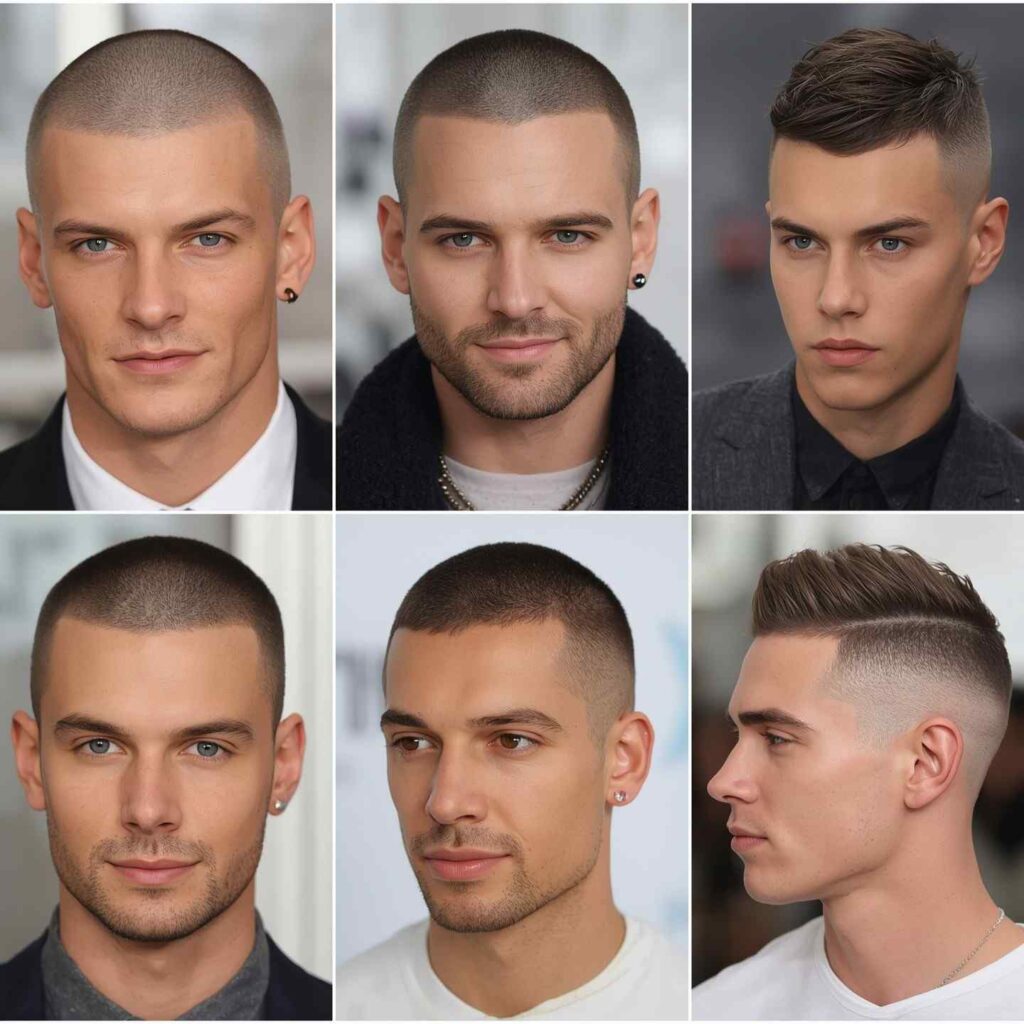 Different simple hair style men examples including buzz cut, crew cut, and fade”