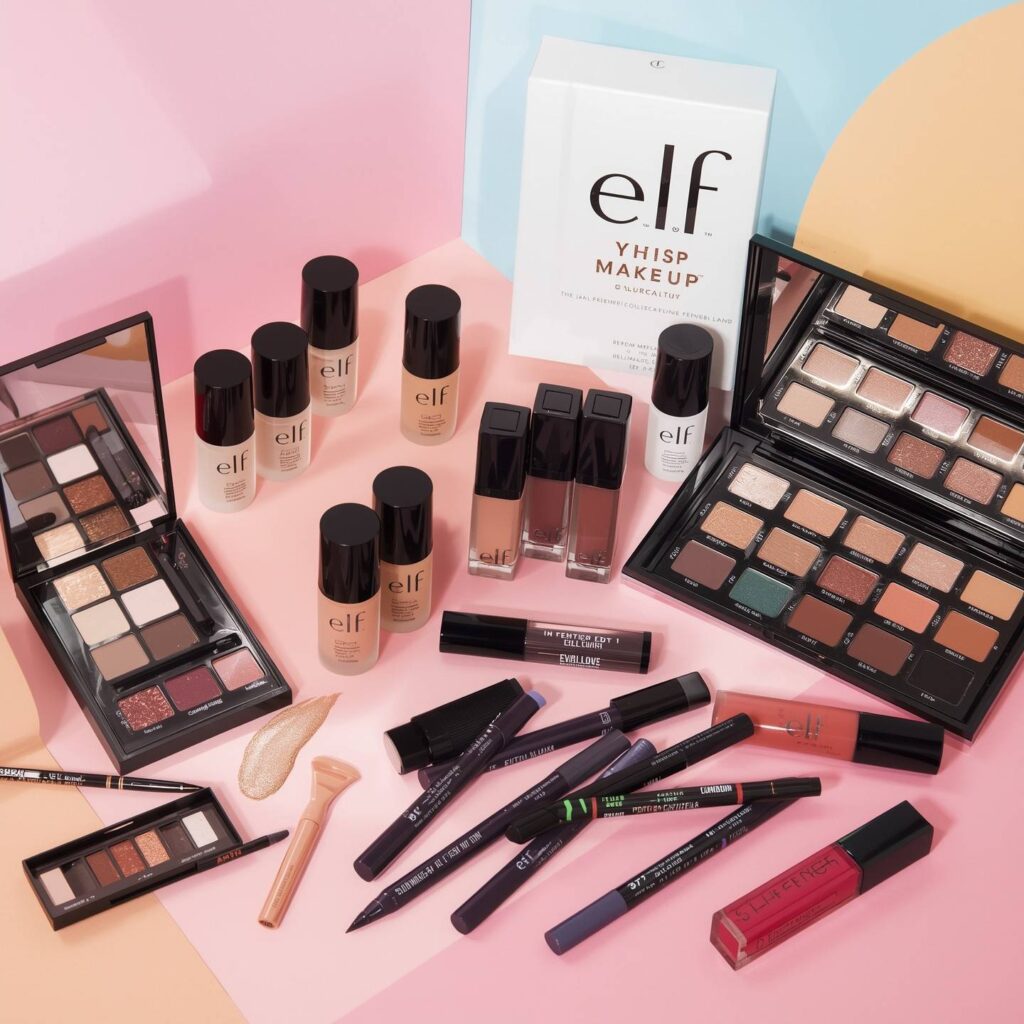 elf makeup collection featuring primers, concealers, eyeshadow, and lip products