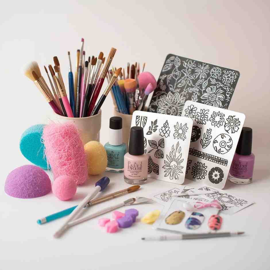 DIY nail art tools including brushes, sponges, and stamping plates