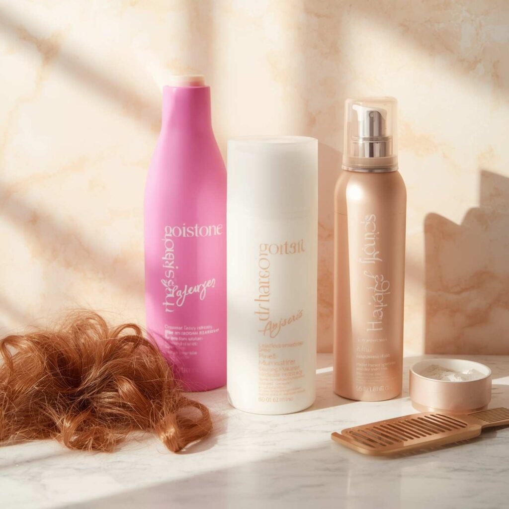 “Haircare products for butterfly cut including volumizing shampoo, conditioner, and mousse.”