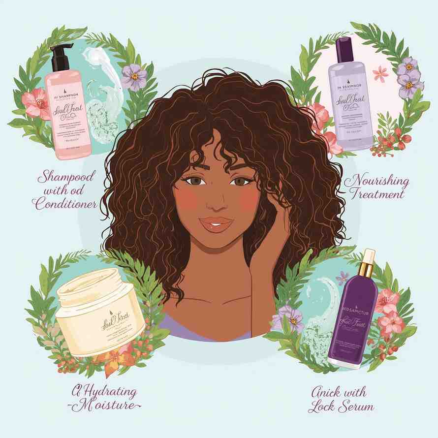 Haircare routine illustration with shampoo, conditioner, mask, and serum steps"