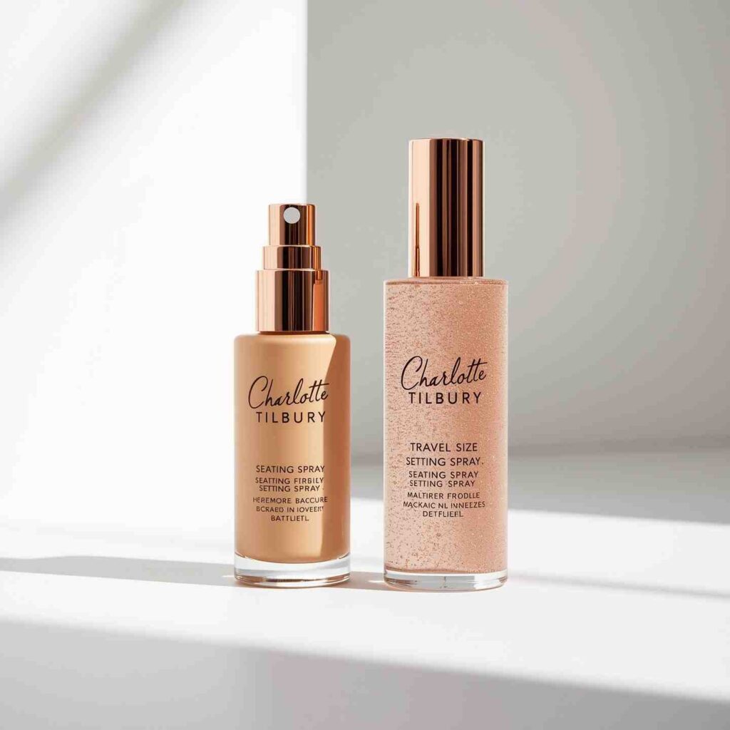 Charlotte Tilbury Setting Spray travel-size and full-size bottles side by side