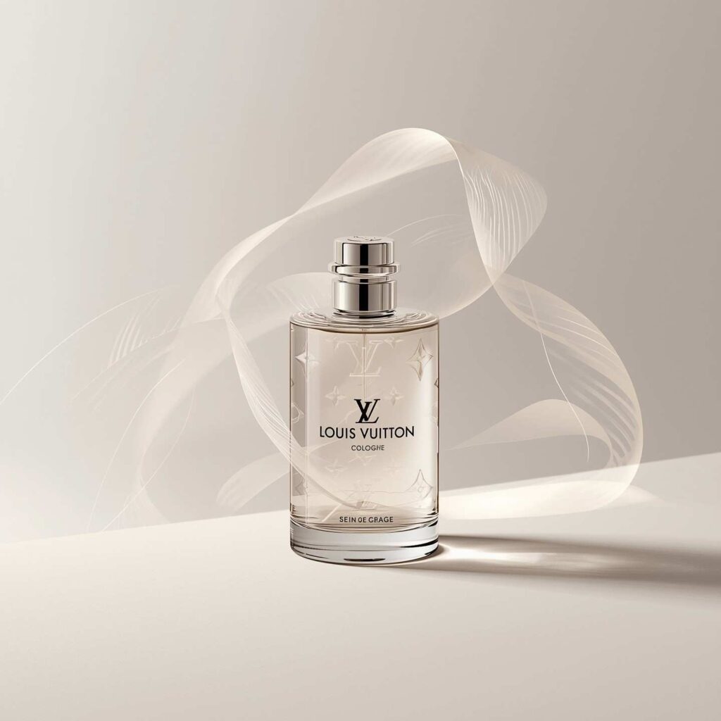 Louis Vuitton cologne bottle with scent trail illustration