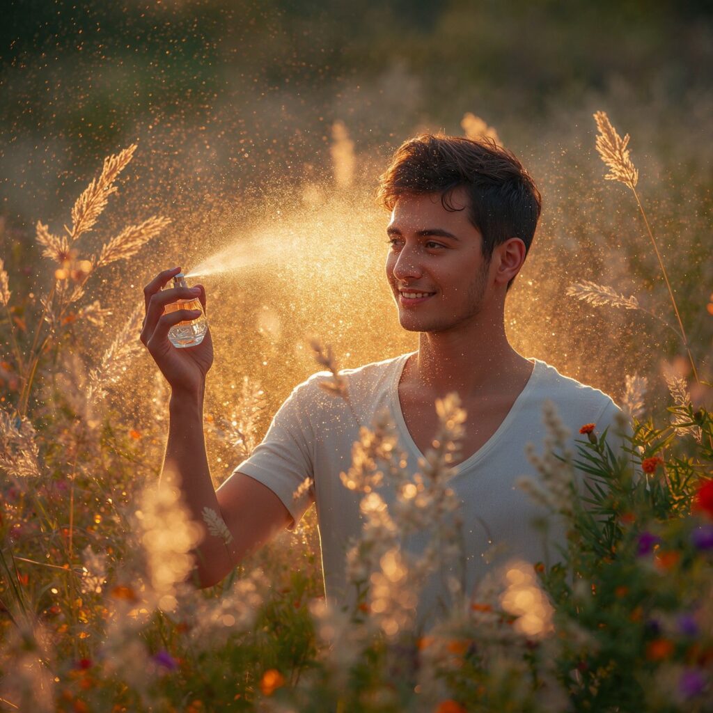 Person spraying aura fragrance into glowing energy field”