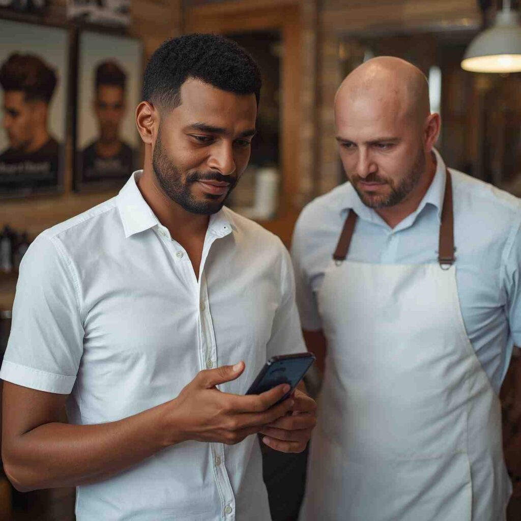 “Man showing a haircut photo to barber for achieving the right simple hair style men”
