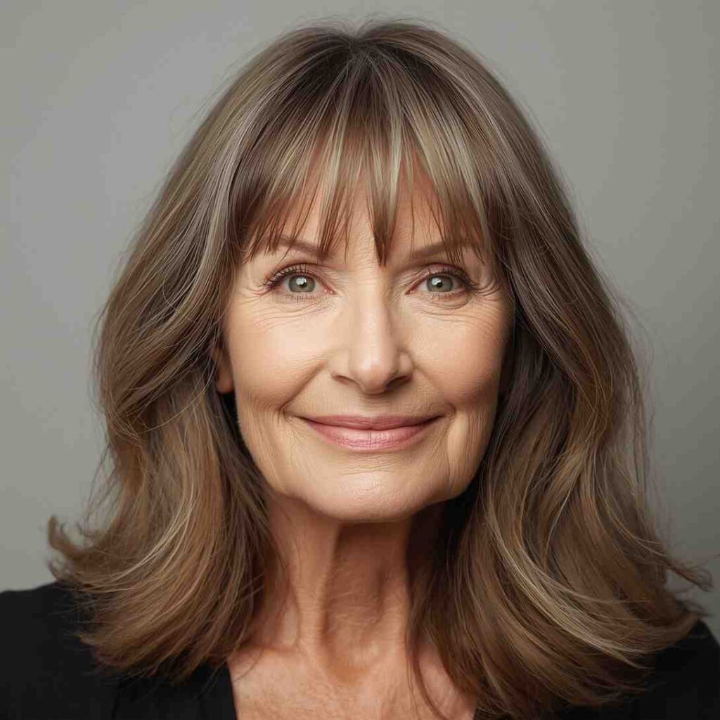 Shoulder-length hair with soft curtain bangs framing the face of woman over 60