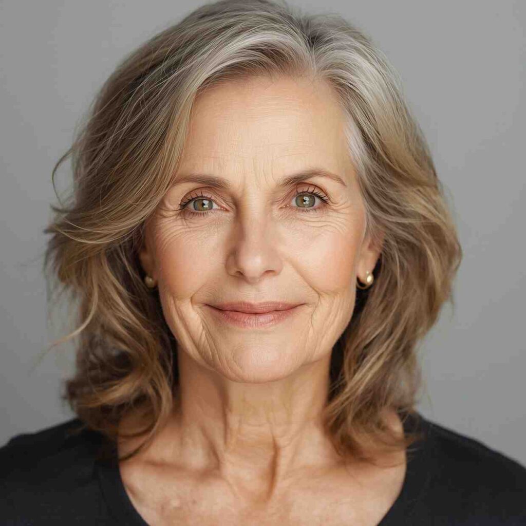 Medium-length hair with loose, textured waves on woman over 60”