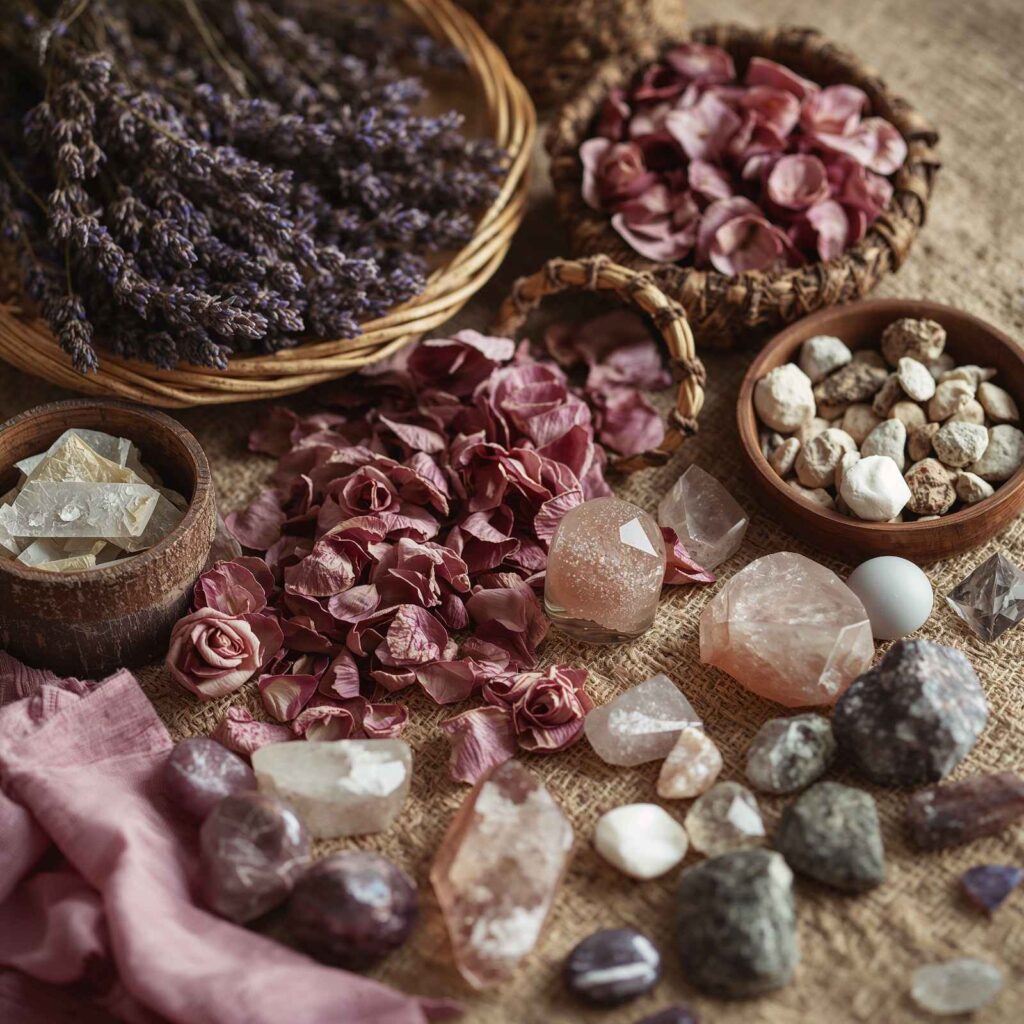 Natural ingredients used in aura fragrance like lavender, rose, crystals”