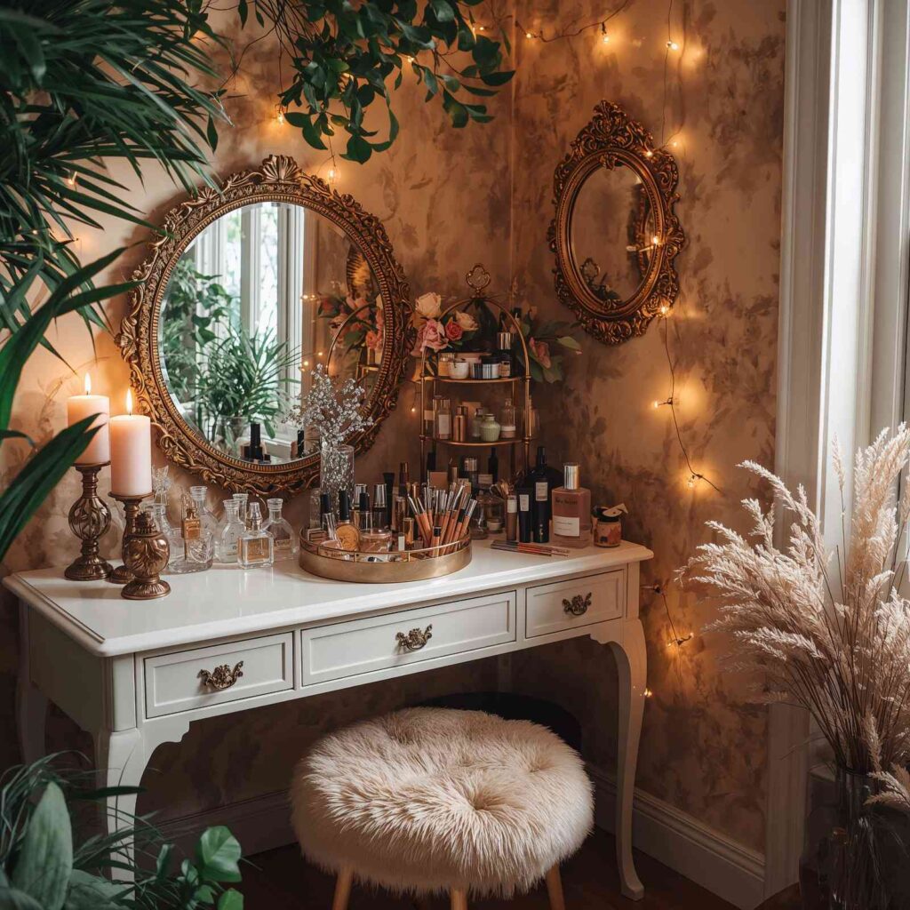 Aesthetic makeup vanity corner with decor.”