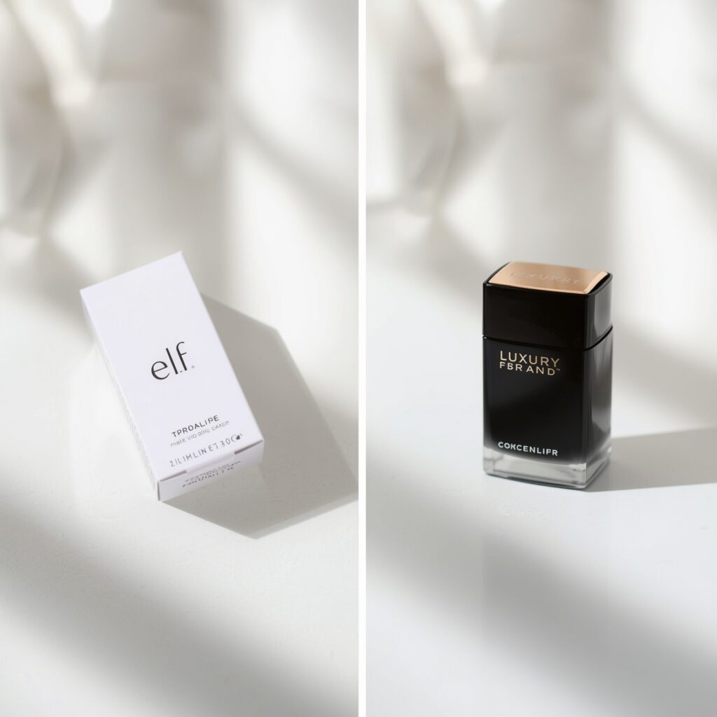 elf makeup product compared to luxury brand dupe side by side