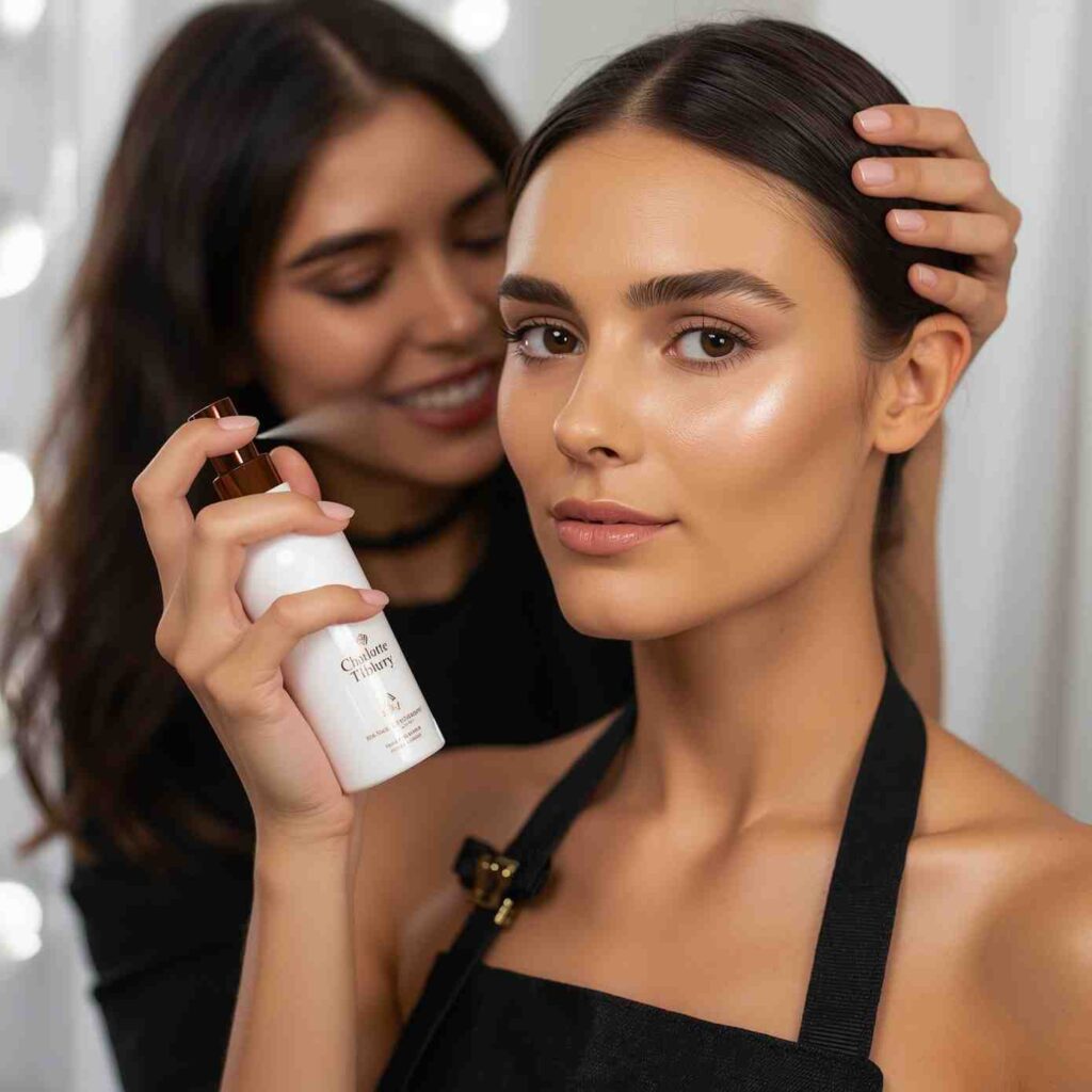 Makeup artist applying Charlotte Tilbury Setting Spray on model