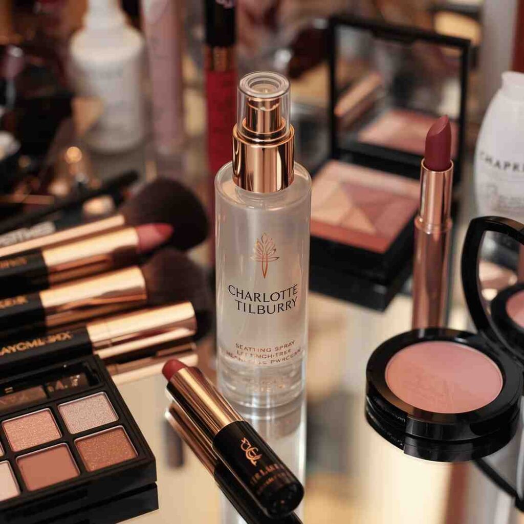 Charlotte Tilbury Setting Spray bottle on vanity table with makeup products