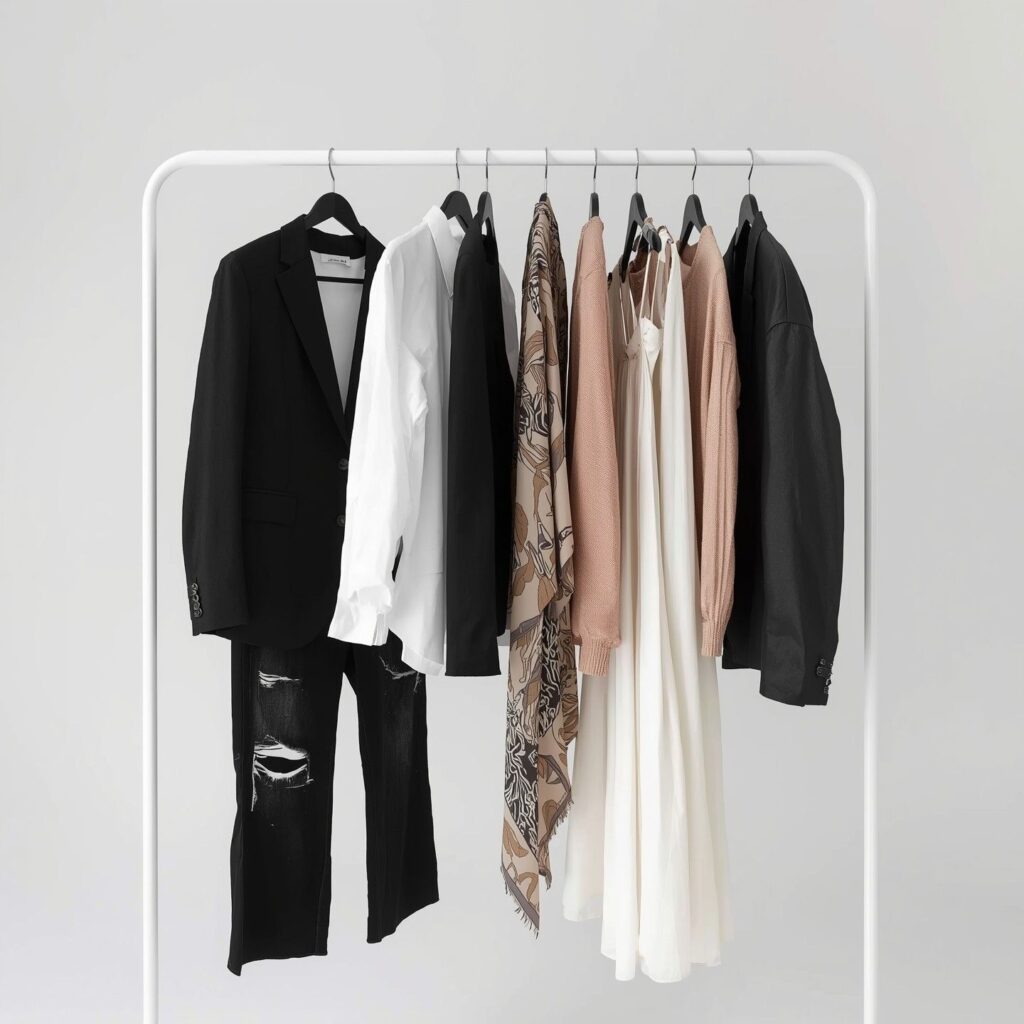 Minimalist clothing rack displaying 10 essential pieces for an Acubi fashion capsule wardrobe
