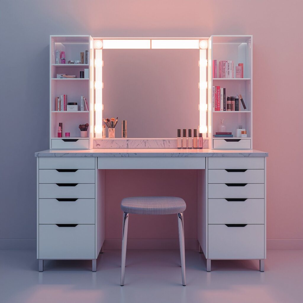 Modern makeup vanity with lights and storage.”