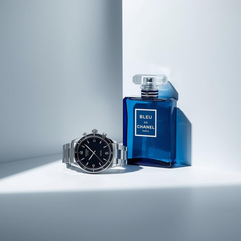 Bleu de Chanel Parfum bottle with watch showing long lasting 8 to 10 hours