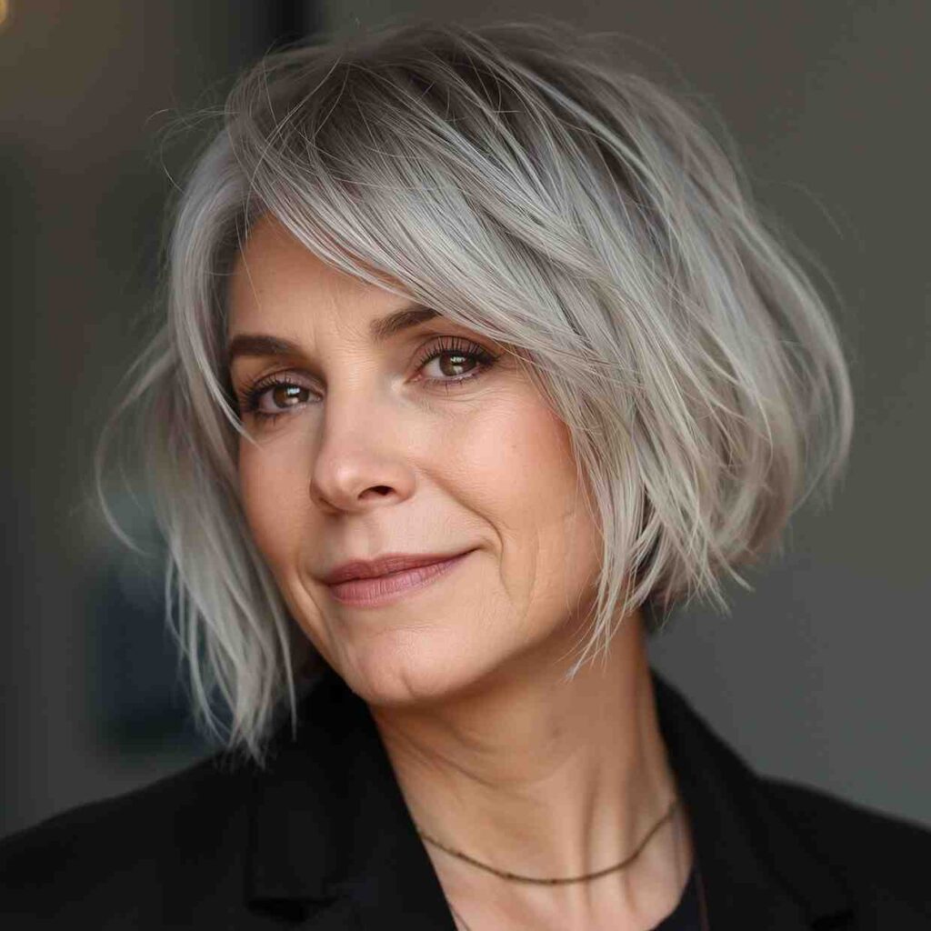 Trendy bixie haircut combining bob and pixie layers on older woman