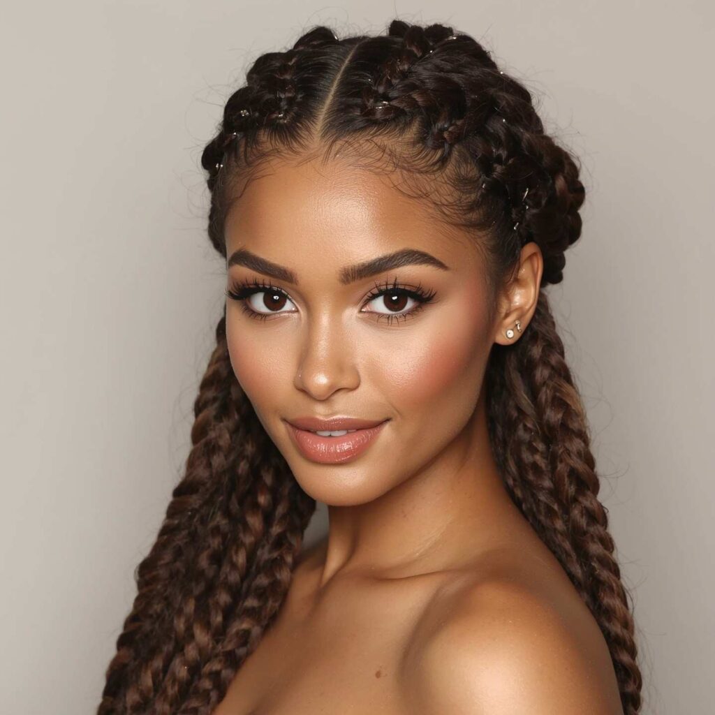 Box braid half up half down hairstyle with the top section tied into a bun