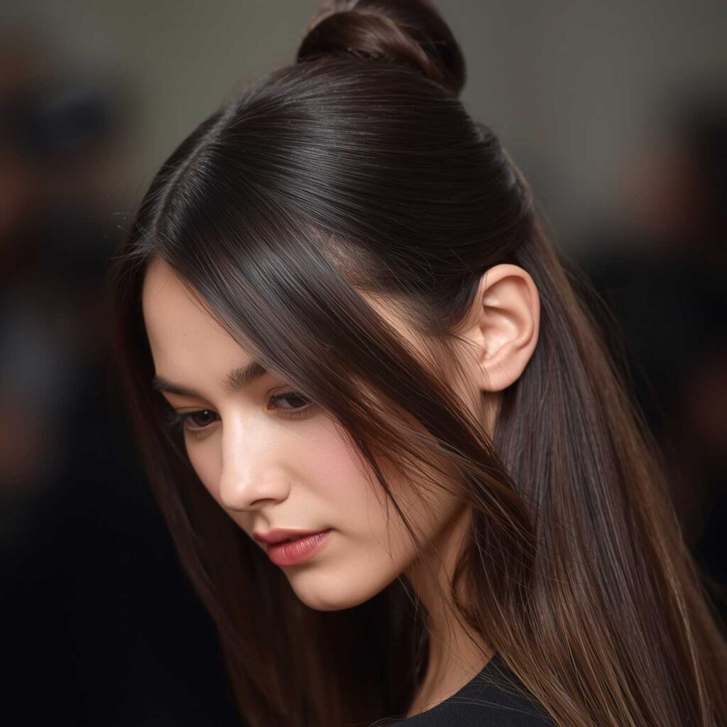 Straight glossy hair styled into a sleek half up half down top knot