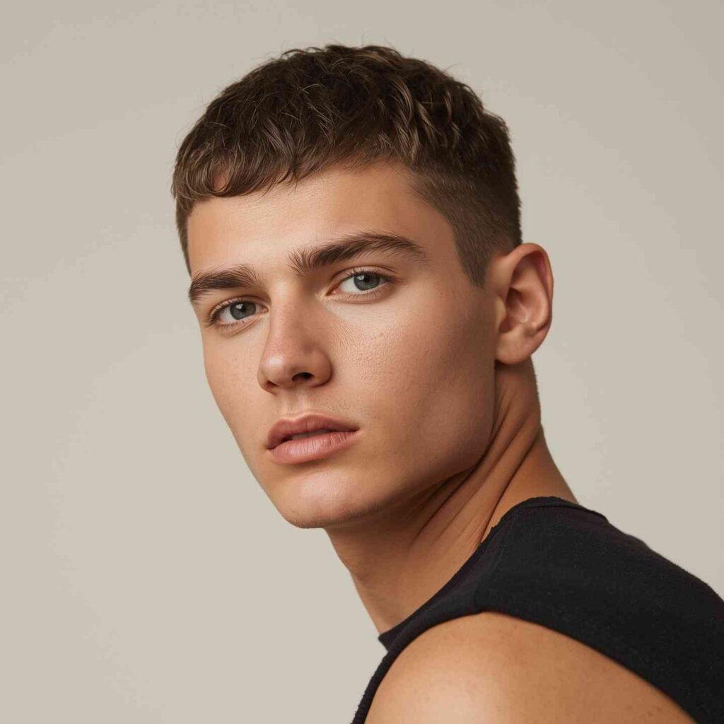 Young man wearing short textured crop for a modern simple hair style men look