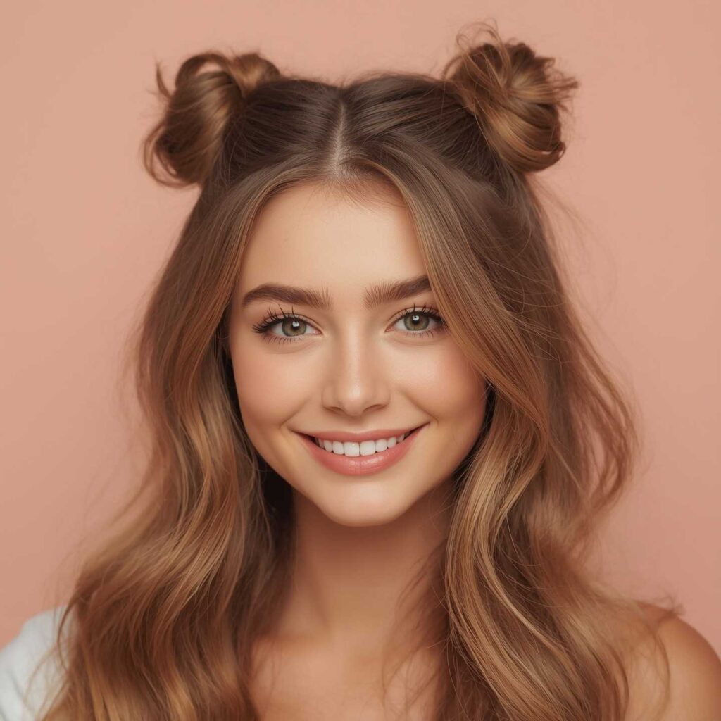 Playful half up half down hairstyle with two space buns and loose hair