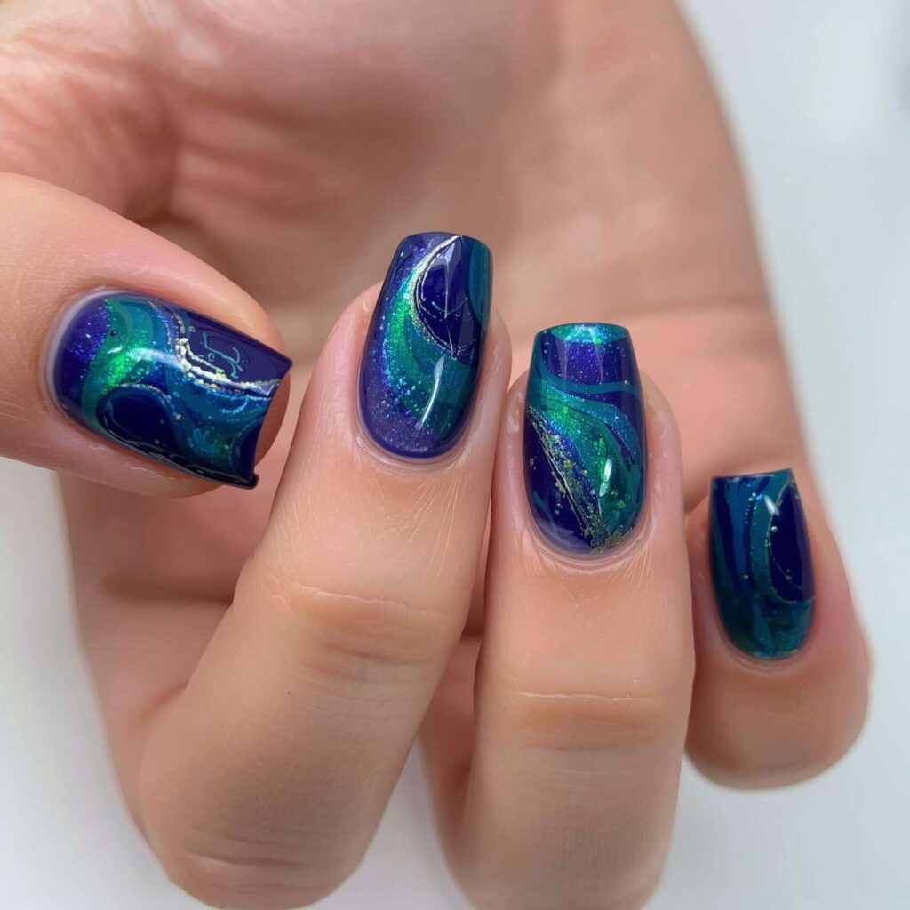 Airbrushed aura nails with deep jewel colors