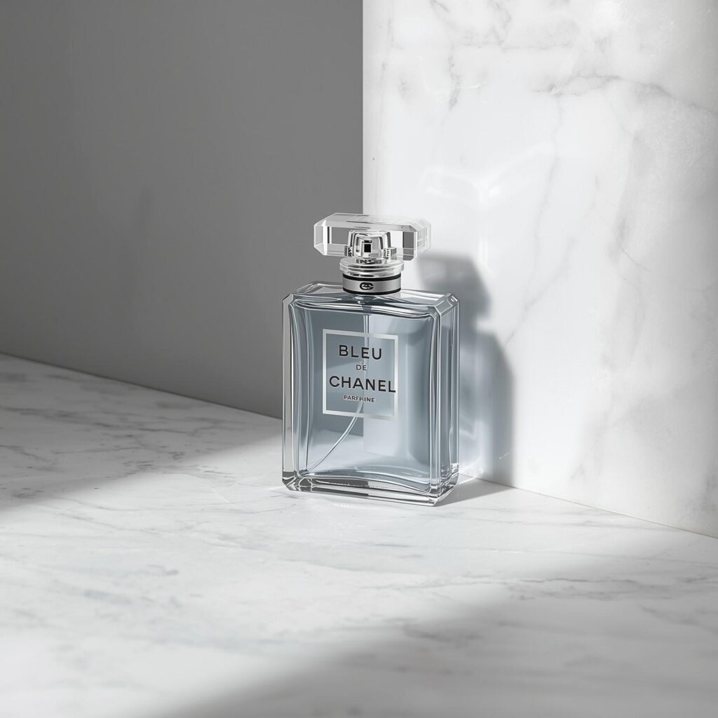 Bleu de Chanel Parfum on marble surface with minimalist luxury style