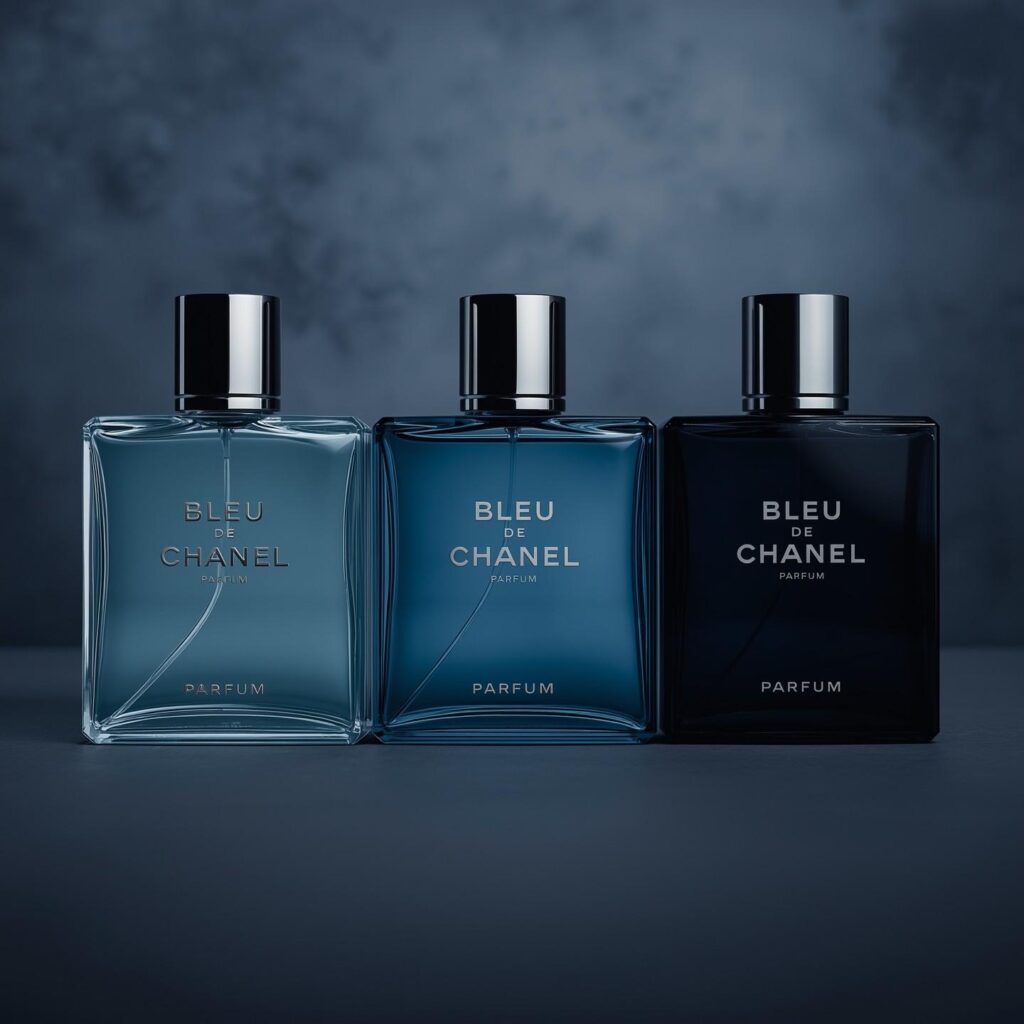 Bleu de Chanel collection EDT EDP and Parfum bottles side by side