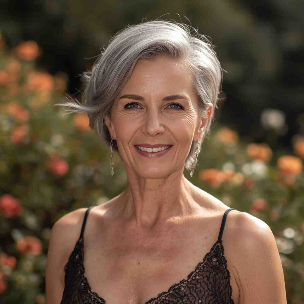 Older woman with short layered pixie haircut in silver hair”