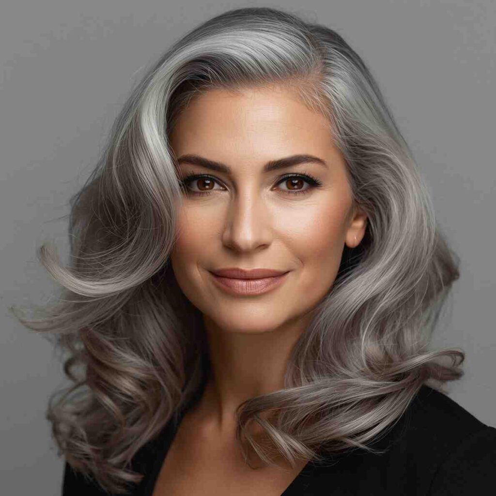 Elegant natural gray hairstyle with soft curls on mature woman”