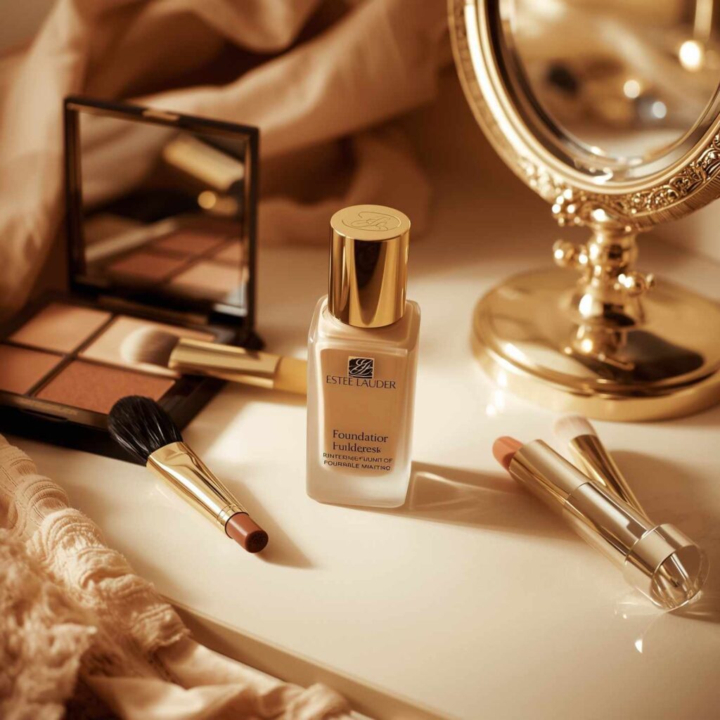 Estée Lauder Foundation bottle displayed on vanity table