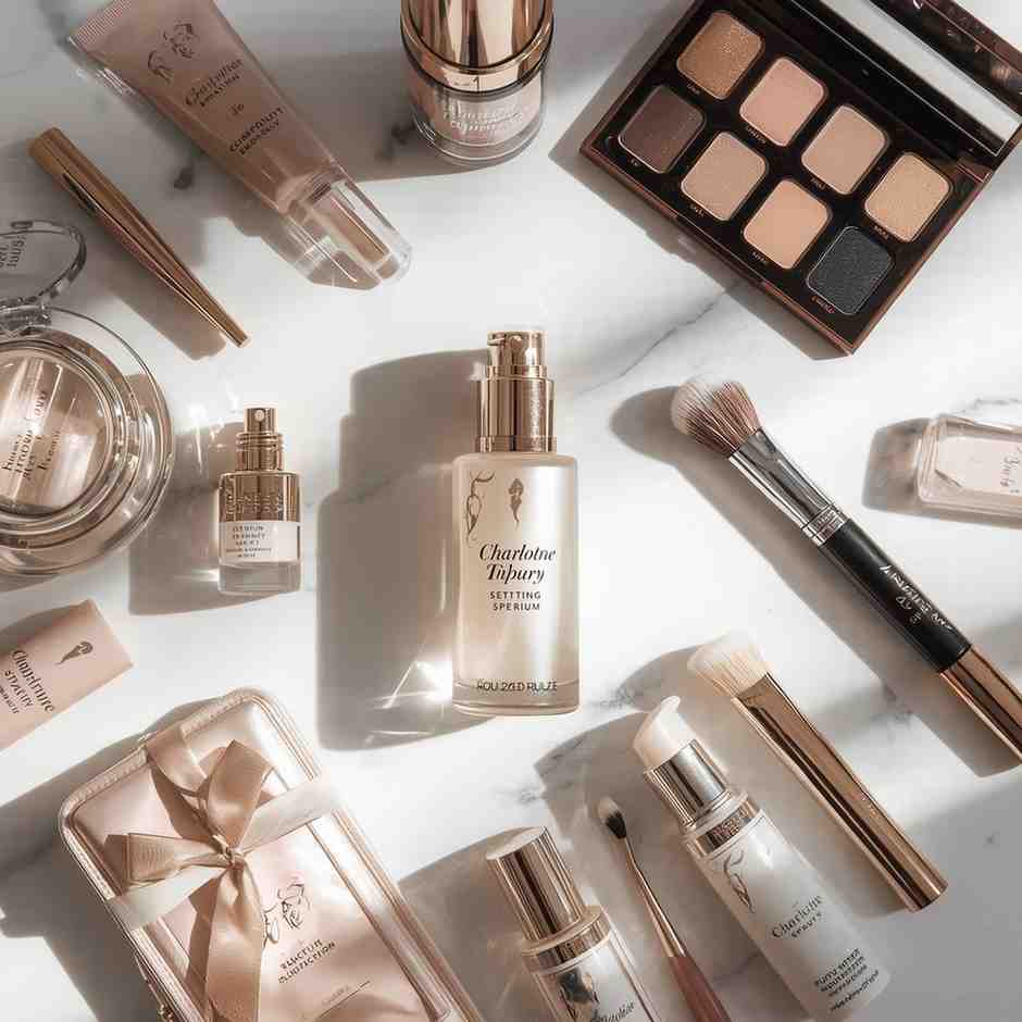 Flat lay of Charlotte Tilbury Setting Spray with luxury beauty products