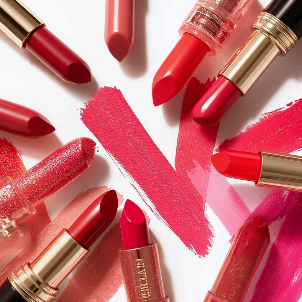 Guerlain Lipstick swatches in red, nude, and pink shades