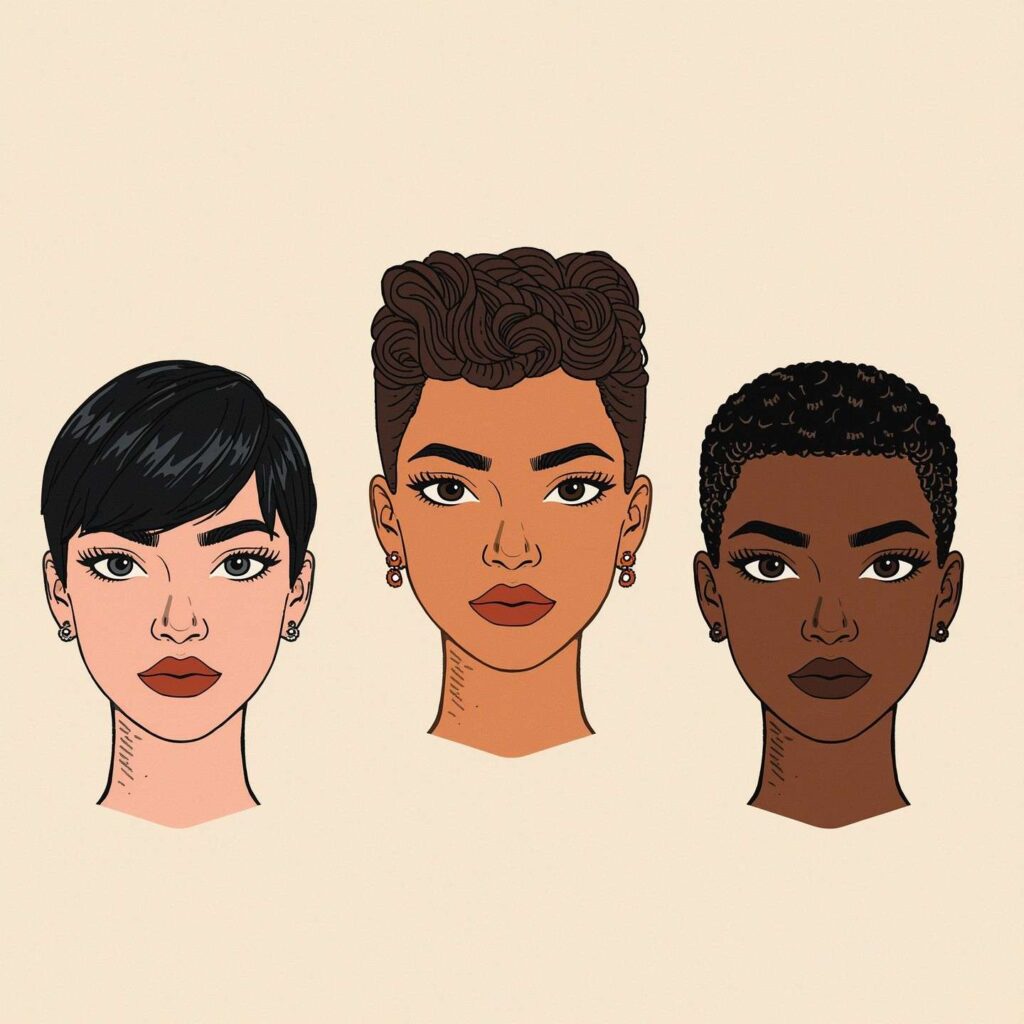 Illustration of how the butterfly cut suits round, square, and long face shapes.”