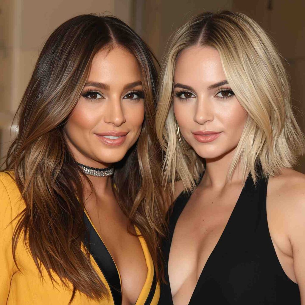 Celebrities like Jennifer Lopez and Sydney Sweeney wearing the butterfly cut hairstyle.”