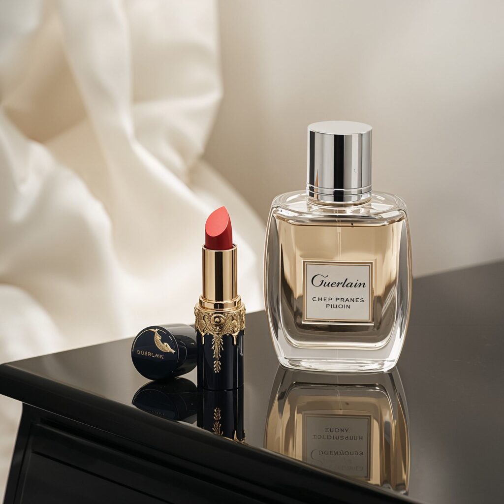 Luxury Guerlain Lipstick displayed with perfume bottle