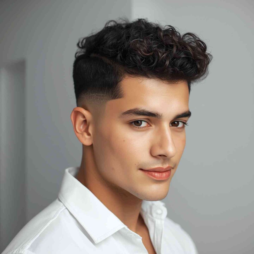 Man with curly hair styled in a low fade as a versatile simple hair style men choice