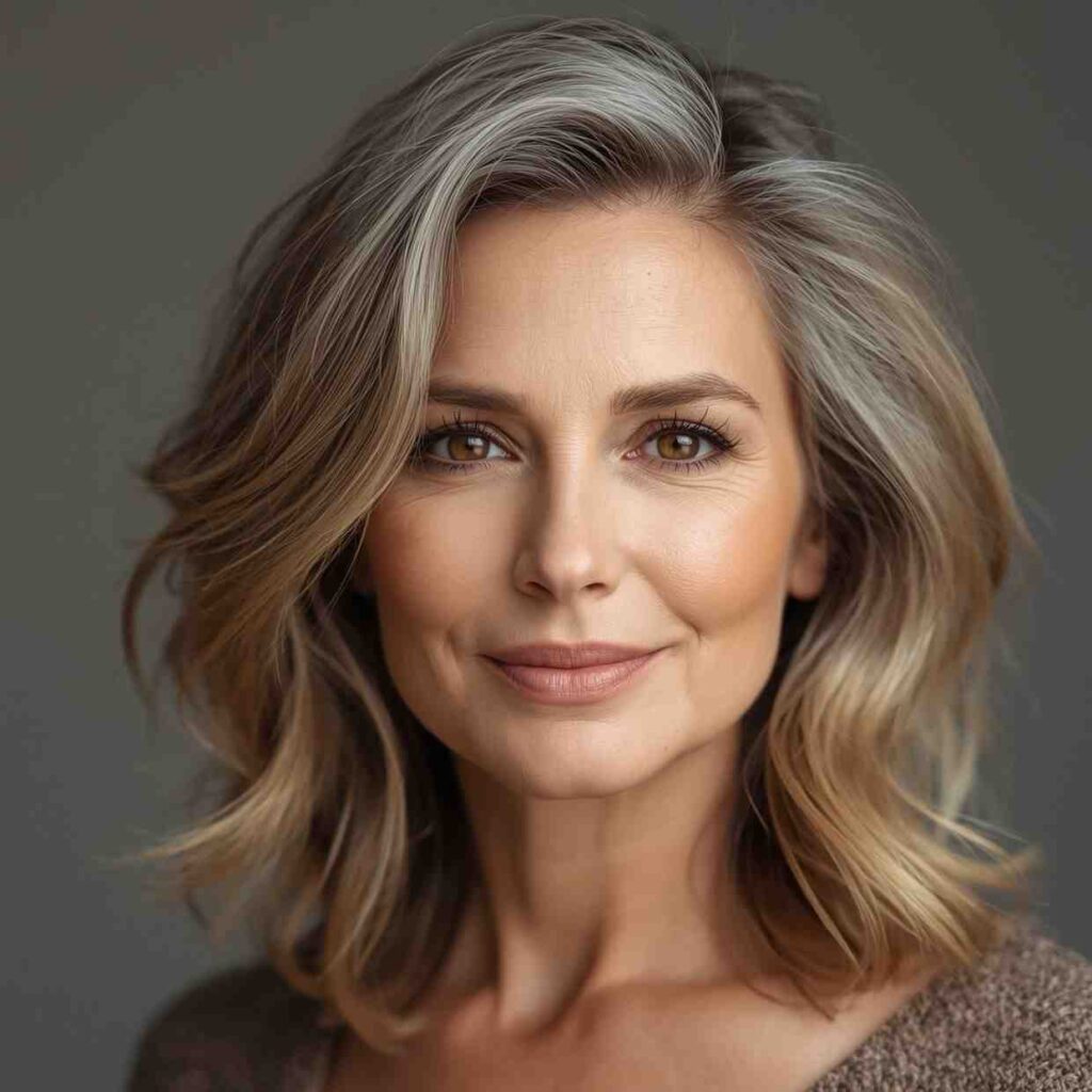 Shoulder-length layered lob hairstyle with soft natural waves on mature woman