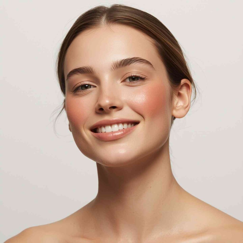 Model wearing liquid blush for a radiant glow