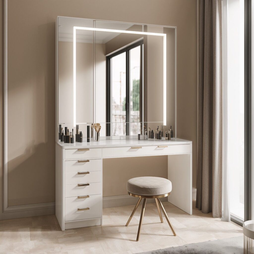 Modern makeup vanity with lights and storage.”